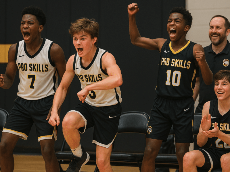Youth basketball players celebrating enthusiastically from the bench during a game.
